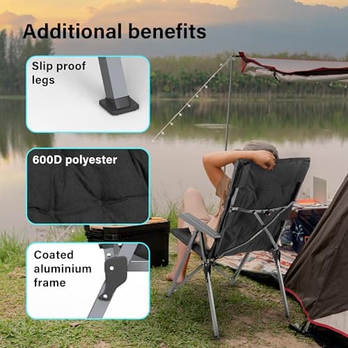 Luxury Adjustable Camping Chairs 2 Set for Adults Heavy Duty Outdoor 4-Position High Back Oversized Garden Padded Folding Chair for Caravan Dining Beach Picnic Fishing 150kg Load Capacity Black — view 6