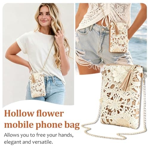 BSITSSS Crossbody Bag,Cut-Out Weave Flowers Cross Body Bag Women with Zipper, Leather Brown Mobile Phone Beach Bags with Metal Chain for Ladies Summer Beach Holiday Travel Dating — view 5