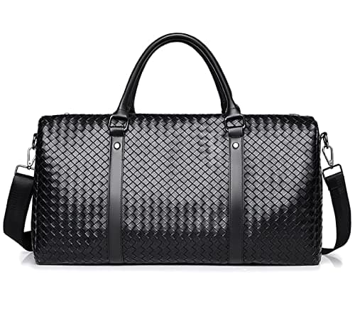 Leather Travel Duffle Bag for Men, Woven Carry On Weekender Overnight Bags for Business Sports Gym Black