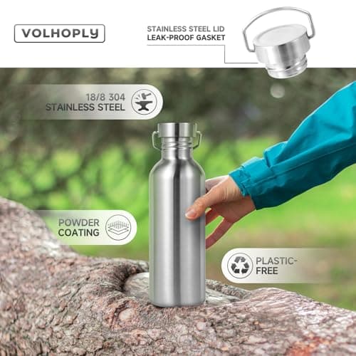 Volhoply 1000ml Uninsulated Single Walled Water Bottle, Stainless Steel Sports Water Bottles with Handle & Carabiner, BPA Free Lightweight Water Bottles for Hiking, Biking, Running（Silver,1） — view 3