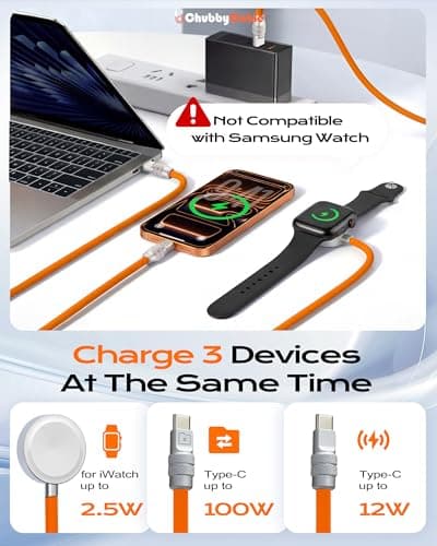 ChubbyCable 3 in 1 USB C Cable 100W for Apple Watch Charger, Orange, 4.1ft — view 4