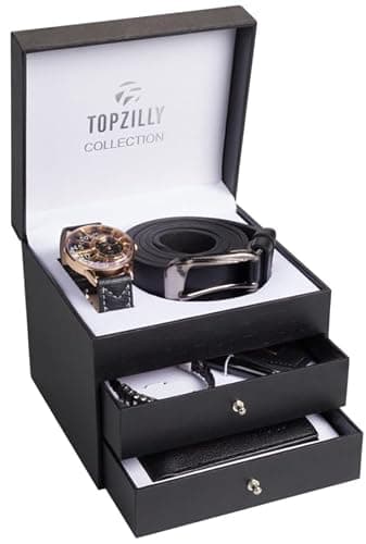 Topzilly Premium Mens Gift Set: Watch, Bracelet, Keychain, Leather Wallet & Belt - Birthday Gifts for Him, Christmas Gifts for Men, Mens Wallets, Gift Ideas, Hampers for Men