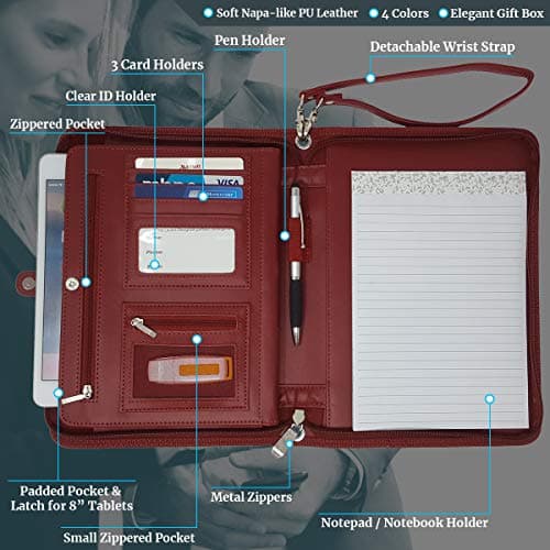 Lautus Designs Zippered Business Padfolio – Premium PU Leather Portfolio Organizer, Small Notepad & 8-Inch Tablet Sleeve – Binder for Work, Meetings & Travel – Burgundy — view 5