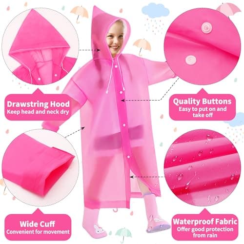 Domueay Rain Poncho Kids 2 Pack Waterproof Reusable EVA Rain Coat with Hood for Boys Lightweight Foldable Raincoat Breathable Unisex Rain Jacket for Outdoor Camping Travel, Pink and Purple — view 4