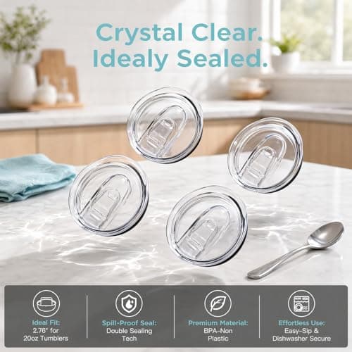 20oz Skinny Tumbler Replacement Lids, 4 PCS Clear Spill Proof Splash Resistant Sliding Covers for Stainless Steel Travel Coffee Mugs and Cooler Cups — view 3
