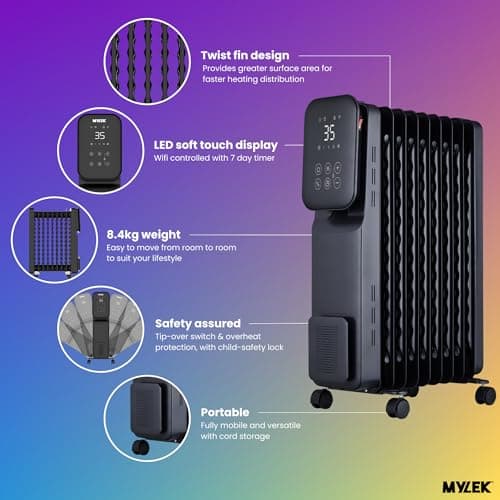 MYLEK Oil Filled Radiator Portable Smart Heater 2KW WiFi App Enabled, 3 Heat Settings, Timer, LED Display, Energy Electric Efficient, Safety Tip Over Protection (Black 2000W) — view 3