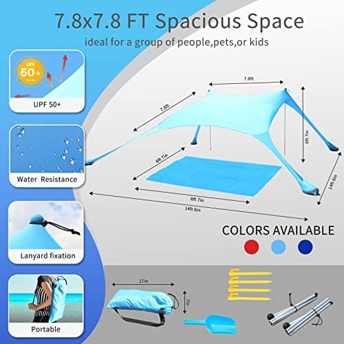 CUUPO 7×7 FT Beach Tent Sun Shelter UPF50+ UV Protection, Outdoor Small Canopy Tent Sun Shade with 2 Poles for Camping, Beach, Fishing, Backyard and Picnics Blue — view 6