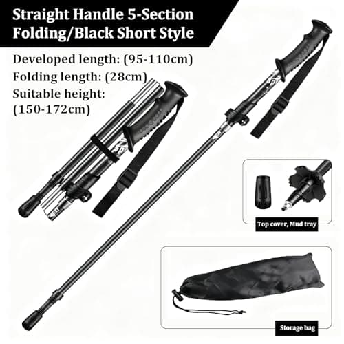 Folding Hiking stick, Walking Pole, Single Trekking Pole, Walking Stick for Hiking, Camping, Lightweight Backpack travel Staff, Best Gift for Outdoor Enthusiasts (Black straight handle, Short) — view 2