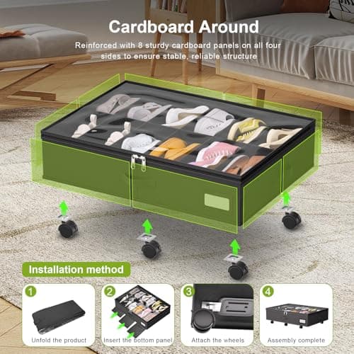 VERONLY Under Bed Shoe Storage Organiser with Wheels for Closet Fits 24 Pairs- Sturdy Underbed Shoe Storage Box Bins,Set of 2 (Black) — view 5