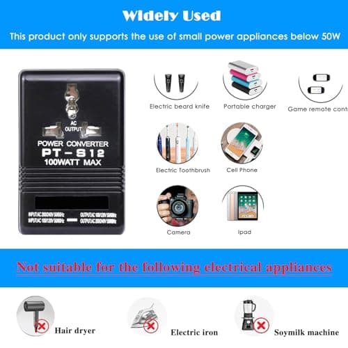 110V to 220V Step Up & Down Power Voltage Converter Watt Transformer for Travel (Black, 100W) — view 5