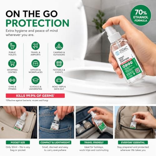 Zidac Toilet Seat Sanitiser Spray 50ml, Pocket/Handbag Size Toilet Cleaner, 70% Ethanol Portable Bathroom Hygiene Spray for Public Toilets, Outdoor Toilets, Travel, Camping, Work, School & On The Go — view 5