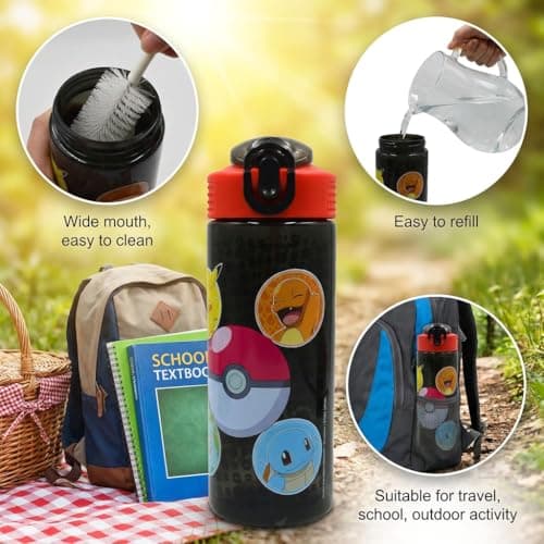 HOX Collection Pokémon 600ML Flip Up Straw Drinks Bottle Reusable BPA-free Plastic Water Bottle with Carry Loop Removable straw & spills Proof Pokémon licensed Merchandise, Black — view 6