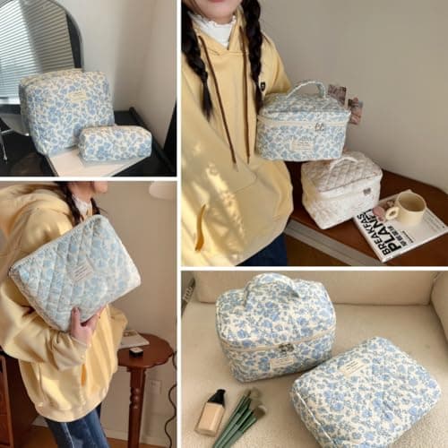 Aucuu 3PCS Coquette Makeup Bag, Quilted Makeup Bag for Women, Floral Cotton Cosmetic Bag Set, Large Capacity Aesthetic Floral Toiletry Bag, Travel Toiletry Bag, Wash Organizer Pouch for Women Girls — view 6