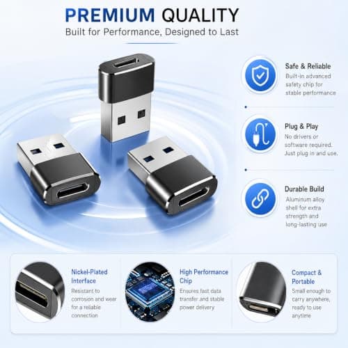 USB C to USB Adaptor 3 Pack, USBC Type C Female to USB A Male OTG Converter, Charger Cable Adapter for iPhone 17 16 15, iWatch 9 8 7, AirPods, iPad Air Mini, MacBook, CarPlay, Galaxy S26 S25 A35 — view 3