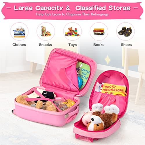 GYMAX 2Pcs Kids Luggage Set, 16"/18" & 12" Girls Suitcase (Pink, 12" & 16") — view 4