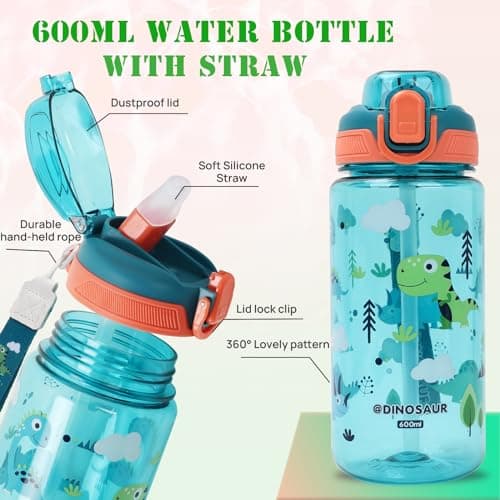 SENBSLAN Kids Water Bottles With Straw,600ml Drinks Bottle for School,Leakproof Children's Bottle BPA free Sport Bottle for Girls Boys (Greenish Blue-Dinosaur) — view 3