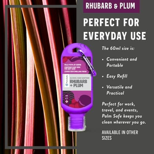 Palm Safe Rhubarb and Plum 60ml Anti Bacterial Premium Hand Sanitiser Travel Size Refillable Clip Bottle Quick Drying Non Sticky Extra Moisturising Kills 99.9% of Viruses and Bacteria — view 4