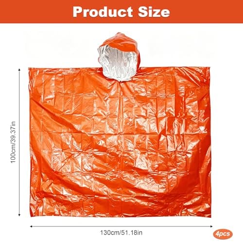 Wihozte Emergency Survival Poncho Foil Blanket Insulation Poncho for Outdoor Survival Family Car Events, 100×130cm Mylar Foil, Windproof Waterproof Insulated, Orange Silver, 2PCS — view 2