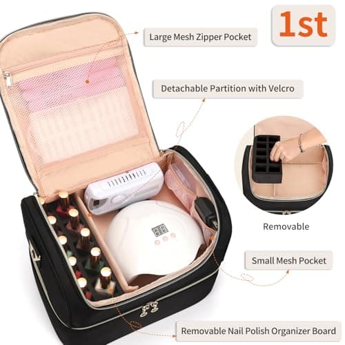 Nail Polish Organiser, Nail Varnish Storage Box Holds 45 Bottles Nail Polish & Nail Lamp, Nail Tech Travel Case, Nail Kit Carrying Bag for Nail Stuff & Manicure Tools (Black, 45 Slots) — view 3