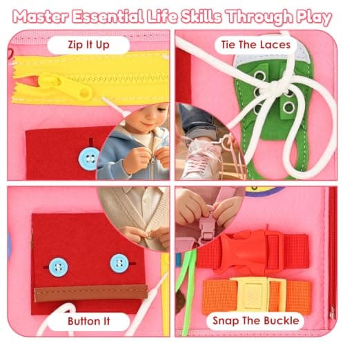 Gatphy Busy Board for Toddler 1 2 3 Year Old, Felt Quiet Book Sensory Toy Baby Travel Busy Board Preschool Educational Montessori Learning Book for Journey Plane Car, Boys Girls Gift (Pink) — view 4