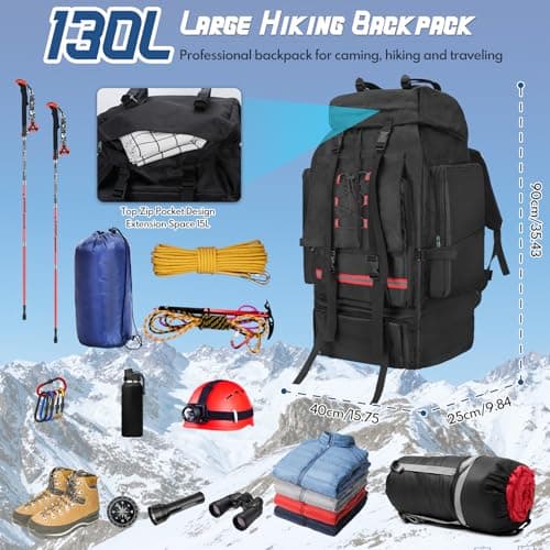 LYtech 130L Hiking Camping Backpack Waterproof Internal Frame Camping Rucksack for Men & Women Large Tactical Backpack Adjustable Padded Straps Multi-Pocket Design for Trekking & Outdoor Adventures — view 2