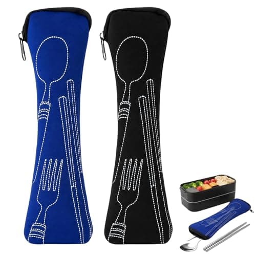 2 Piece Travel Cutlery Bag Set, Neoprene Cutlery Pouch for Camping Work School Picnic, Empty Utensil Case for Knife Fork Spoon Chopsticks, Reusable Zipper Storage Bag Black Blue