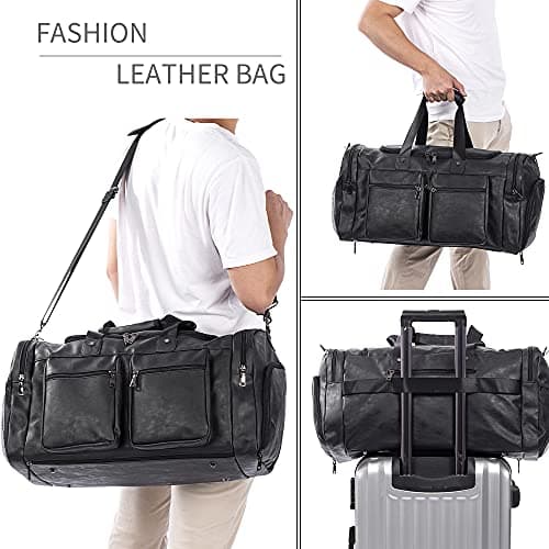seyfocnia Weekender Bag with Shoe Compartment, Waterproof Pu Leather Overnight Bag Weekender Bag Mens Travel Duffle Bag Large Carry on Bag Travel Tote Duffel Bag for Men or Women-Black — view 6