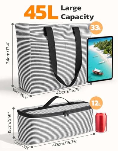 ISEYOU Beach Bag and Cooler Bag Set, Extra Large 45L Waterproof Beach Bags for Women with Zip, Foldable Family Beach Tote Bag with 8 Pockets, Ideal for Pool, Picnic, Shopping, Travel — view 4
