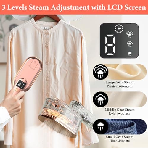 Steam Iron Travel Steamer with LCD Screen, 10S Fast Heat-up 2000W Steamer Clothing with 180° Rotatable Handle, Portable Handheld Clothes Steamer, 3 Steam Levels for Travel, Home, Office (Rose Gold) — view 3