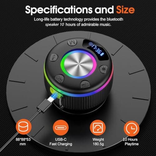 PRSCFUM Bluetooth Shower Speaker, Portable Bluetooth Speaker with Time Display, 2026 IPX7 Waterproof Wireless Speaker with RGB Lights, Deep Bass, Suction Cup for Bathroom, Travel, Outdoor, Party — view 6