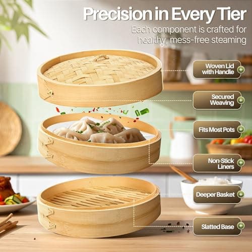 Flexzion Bamboo Steamer Basket Set (10 inch), 50 x Steamer Liners and 2 Pairs of Chopsticks, Steam Baskets for DimSum Dumplings, Rice, Vegetables, Fish and Meat — view 4