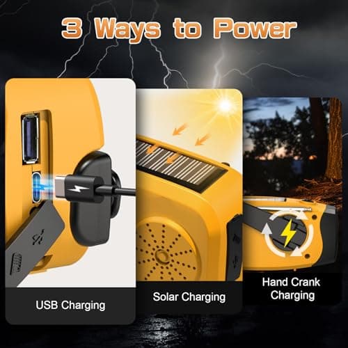 Wind Up Radio, Solar Emergency Radio, Portable Hand Crank Radio, AM/FM Radio with LED Torch, 2000mAh Rechargeable Power Bank, SOS Alarm, USB Phone Charger, Emergency for Camping Hiking (Light Orange) — view 3