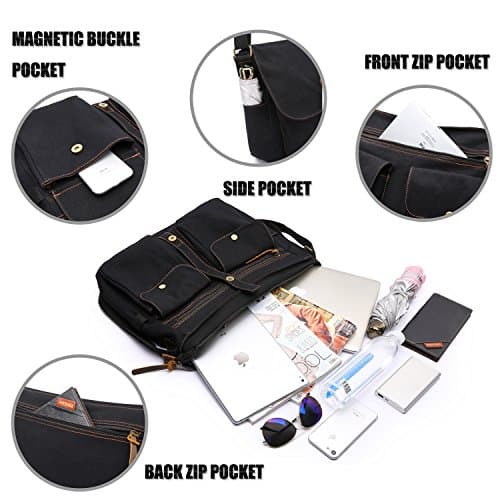 LOSMILE 15.6" Laptop Shoulder Bag, Men's Messenger Bags, Vintage Canvas Bag for School and Work, Satchel Bags, Large Size.(Black) — view 6