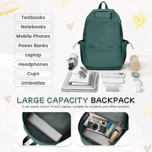 HYC00 School Backpack Womens Causal Travel School Bag for Teenage Girls Boys Secondary Backpack Lightweight 14 Inch Laptop Rucksack Bag for Women Casual Daypack Bookbag for College Work, Army Green — view 3