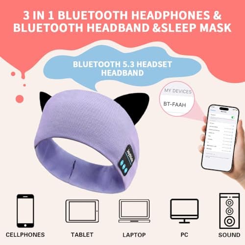 Joythink Kids Bluetooth Headband Headphones Sleep Mask Wireless Earphones Built in Thin Speaker Kids Adjustable Sports Headset for Girls Boys Children Baby Toddler Airplane Travel Study Purple — view 3