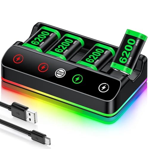 Rechargeable Battery Pack for Xbox One/Series Controller, 4x6200mWh Battery Pack with Charger/Cooling RGB/25H Playtime, Compatible with Xbox One/S/X/Elite 1, Series S/X Controller Thumb Grips