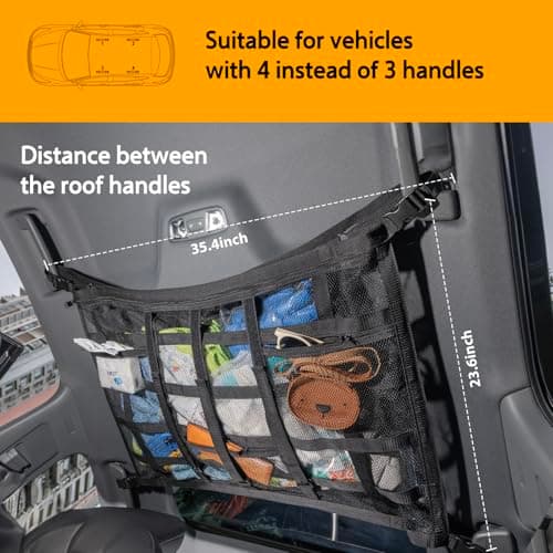 Car Ceiling Cargo Net with 3 Pockets,35.4"x23.6" Car Overhead Storage Mesh Organizer,Double Layer Roof Mesh Camping Overlanding Gear Must Haves Cargo Net,Road Trip Essentials (35.4"x 23.6") — view 3
