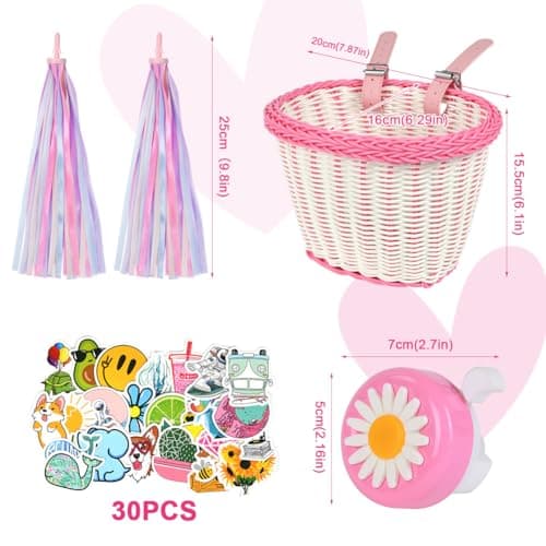 Flintronic Kids Bike Basket Handwoven Cycle Basket for Kids, Bicycle Basket For Girls Boys Childs, with Bike Accessories - Pink&White — view 2