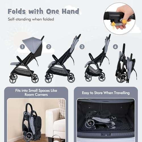 COSTWAY Baby Pushchair, One Hand Foldable Toddler Stroller with Adjustable Backrest & Canopy, 5-Point Harness, Storage Basket, Lightweight Travel Pram for Infants 0-36 Months (Light Grey) — view 4