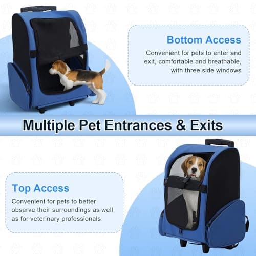 joukares 3-in-1 Portable Pet Carrier, Cat Backpack with Ventilation, Pet Stroller with Wheels & Telescopic Handle, Pet Carrier on Wheels, Carriers & Travel Products for Dogs & Cats Royal Blue — view 6