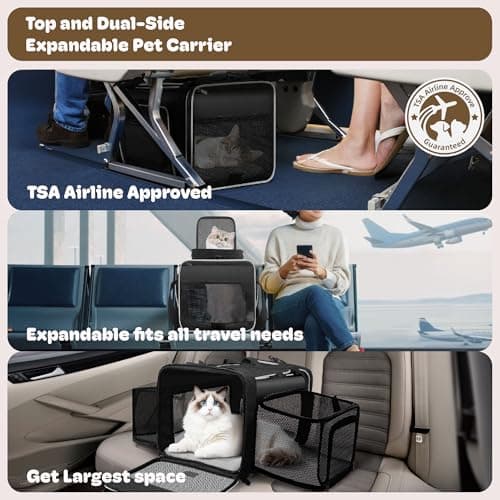 Top and 2 Sides Expandable Pet Carrier 17x11x9.5,TSA Airline Approved Small Dog Carriers for Small Dogs,Soft-Sided Cat Carrier with Self-Locking Zippers for Kitten,Rabbit,Puppy,Guinea Pig Black White — view 2