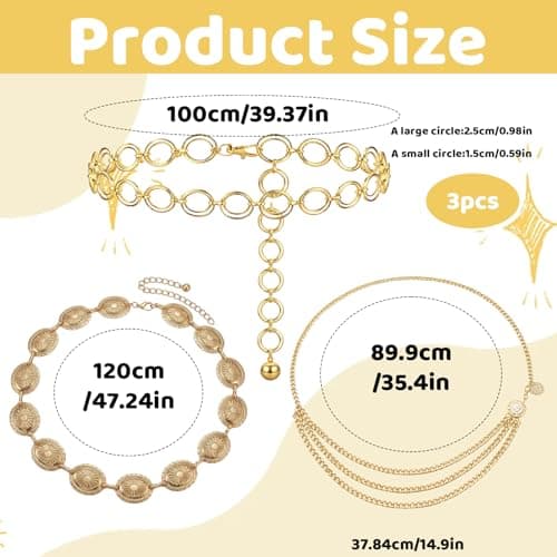 TZMFHD 3pcs Gold Chain Belt, Chain Belts for Women with Adjustable Design, Elegant Gold Waist Chain for Dresses and Jeans, Versatile Fashion Accessory for Party Wear and Daily Outfits — view 2