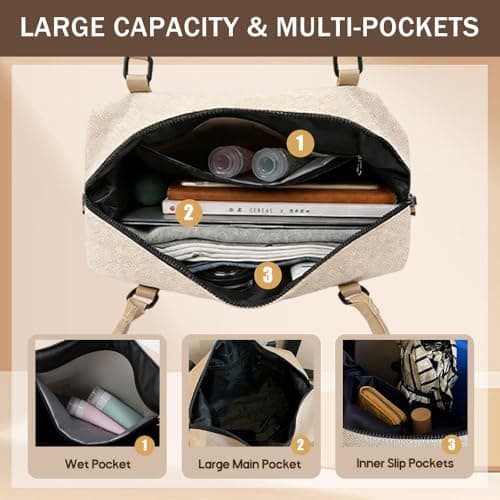 Travel Duffle Bag for Women, Canvas Carry On Weekender Overnight Bags with Wet Pocket, Gym Tote Bag for Business Trip Sports, Beige Black, 16.9 x 10.6 x 5.9 inches, Weekender Duffel Overnight Bag — view 5