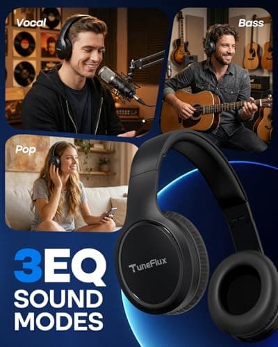 TuneFlux Bluetooth Headphones,70H Playtime Bluetooth 6.0 Wireless Headphones,3 EQ Music Modes Foldable Lightweight Over Ear Headset with Clear Call,HiFi Deep Bass for Home Office Travel (Black) — view 5