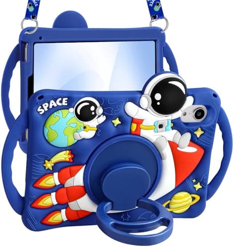 Boaretiu Kids Case for iPad mini 7 (A17 Pro)/mini 6 Generation 8.3 Inch - Cute Cartoon Astronaut Spaceship Silicone Case with Strap & Rotating Stand Soft 3D Tablet Cover for Boys Teens