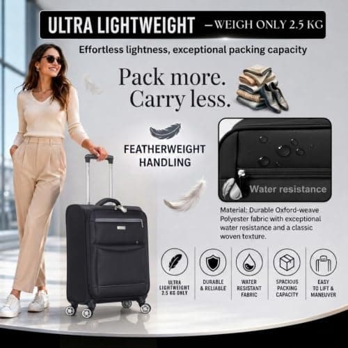 DK Luggage 55x40x20 cm Lightweight Cabin Suitcase for Ryanair, Wizz air, EasyJet, BA, Jet 2 Soft Shell 4 Wheel Spinner Carry on Hand Luggage (WLS Black, 20" Cabin) — view 6
