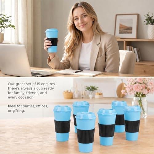 15Pcs Reusable Coffee Cups with Lids - 16 oz Plastic Tumblers to Go Ice Coffee Cups Bulk Plastic Travel Mugs for Slushie and Cold Drinks Smoothie, Home, Car, Beach, Camping & Party - Light Blue — view 5