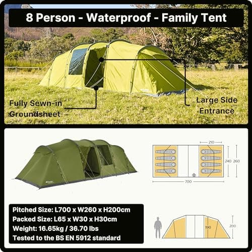 Eurohike Sendero 8XL 8 Man Tent with Large & Spacious Living Area & 2 Separate Bedrooms, 8 Person, Waterproof, Easy to Pitch, Tunnel Design, Ideal for Family Camping Trips & Festivals — view 3
