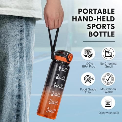 SEASEVEN Sports 1L Water Bottle with Straw for Gym,Office(Black-Orange) — view 6