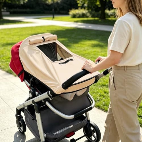 Bighan Pram and Stroller Sun Shade Cover Blocks 99% UV Baby Sleep Aid and Breathable Blackout Canopy for Pushchairs Buggies and Travel Strollers Khaki — view 4